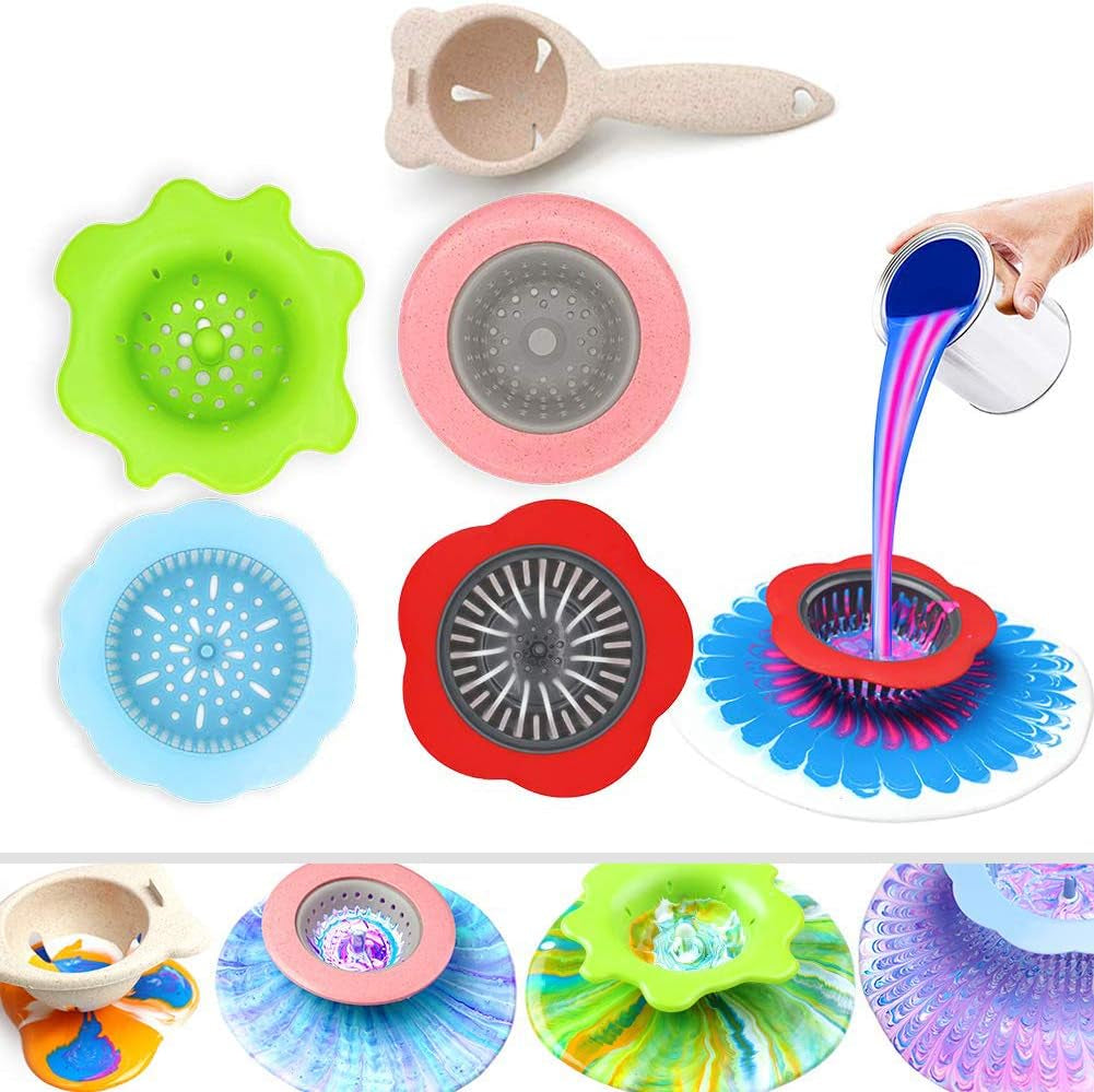 Acrylic Pouring Strainers,  5 PCS Flow Painting Tools Christmas DIY Kits Drawing Sets Flower Strainers Plastic Silicone Drain Basket Unique Pattern Train Art Supplies