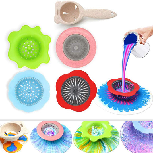 Acrylic Pouring Strainers,  5 PCS Flow Painting Tools Christmas DIY Kits Drawing Sets Flower Strainers Plastic Silicone Drain Basket Unique Pattern Train Art Supplies