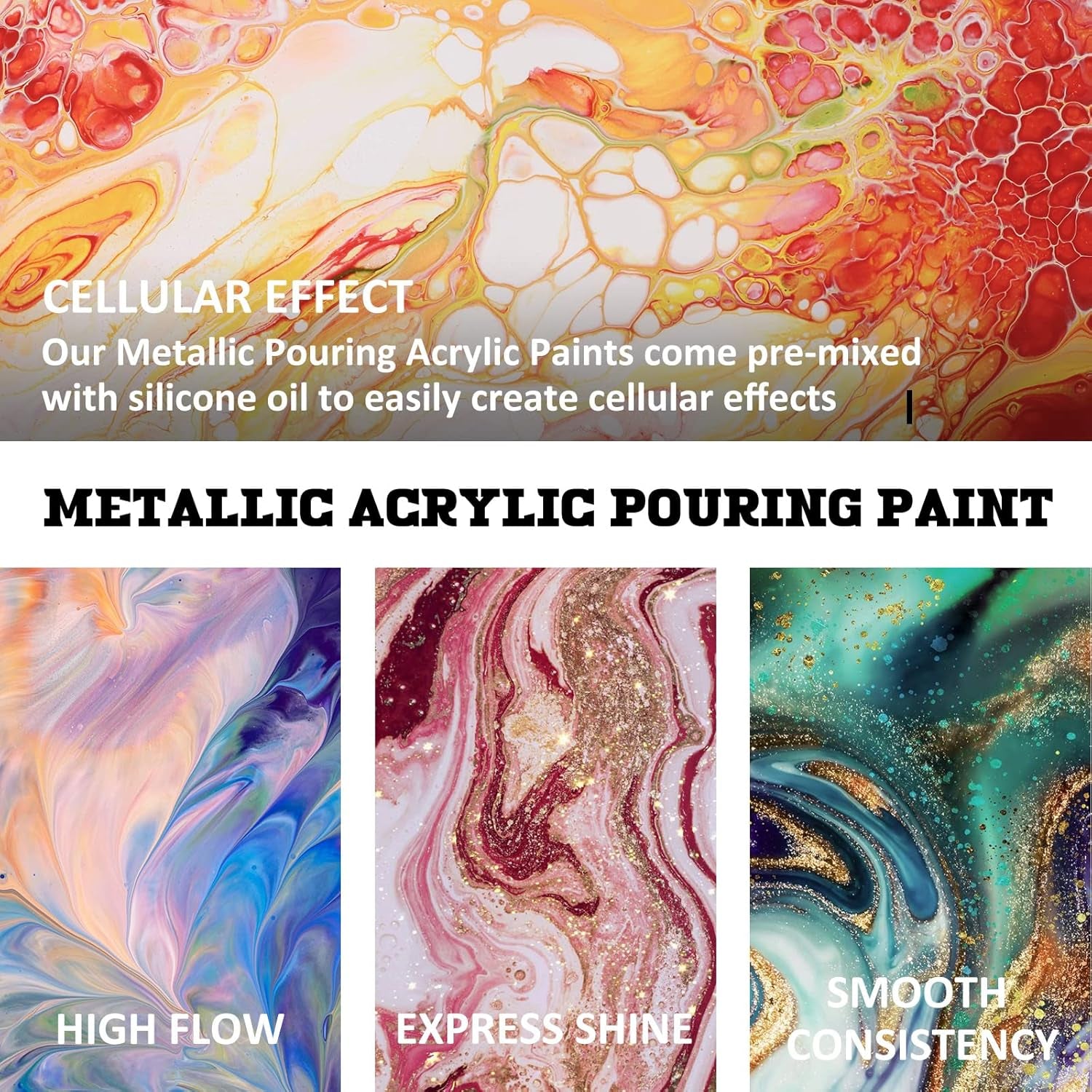 Metallic Acrylic Pouring Paint Set - Set of 18 Metallic Colors - Pre-Mixed High Flow & Ready to Pour - 2 Oz./ 59 Ml Bottles - Multi-Purpose Paints for Canvas & Paper, Rocks, Wood and More
