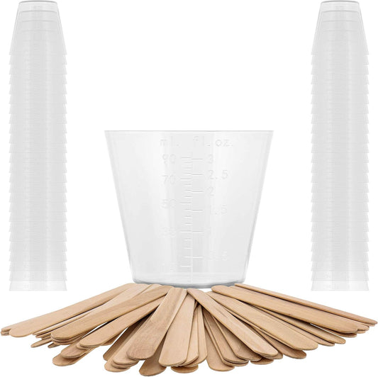 3 Oz (90 Ml) Liquid Measuring Cups - Plastic Graduated Cup (50 Pack) with 25 Sticks - Reusable Mixing Cups for Paint, Craft, Kitchen, Lab, Medical Supplies, Epoxy Resin, Art