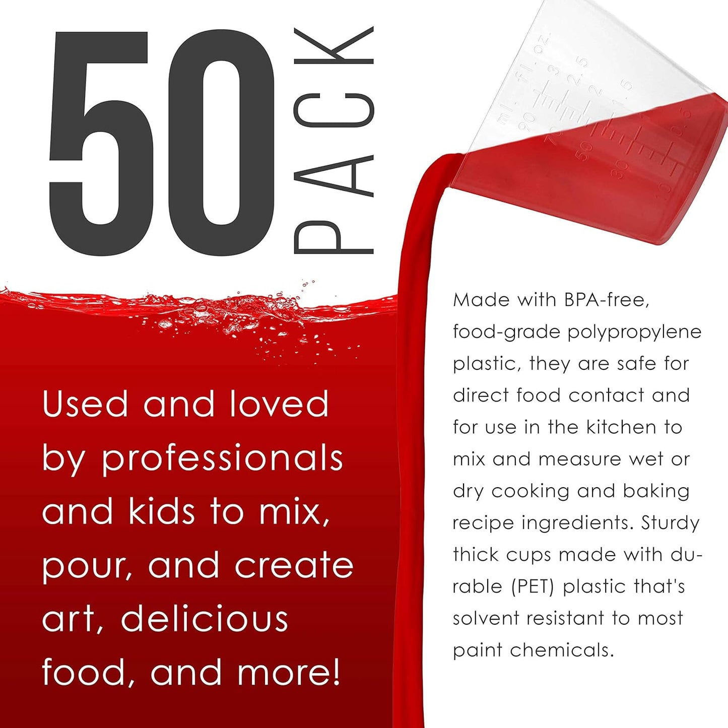 3 Oz (90 Ml) Liquid Measuring Cups - Plastic Graduated Cup (50 Pack) with 25 Sticks - Reusable Mixing Cups for Paint, Craft, Kitchen, Lab, Medical Supplies, Epoxy Resin, Art