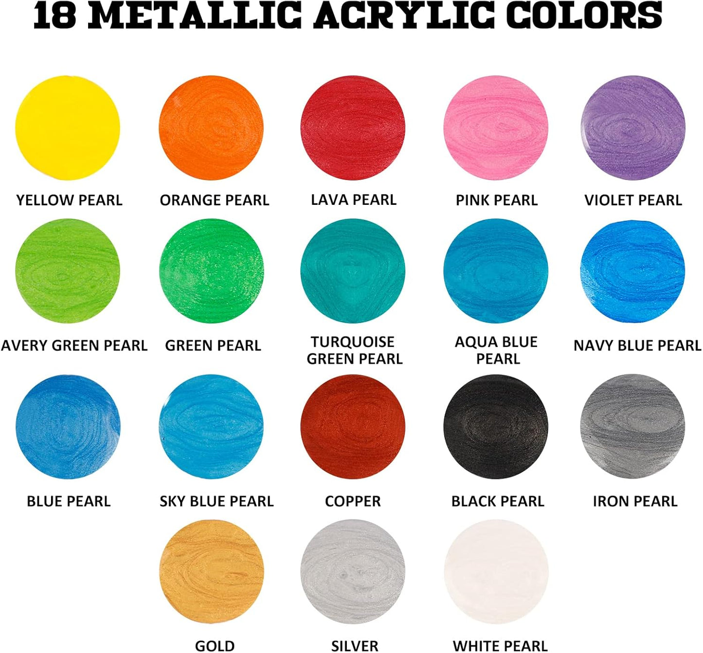 Metallic Acrylic Pouring Paint Set - Set of 18 Metallic Colors - Pre-Mixed High Flow & Ready to Pour - 2 Oz./ 59 Ml Bottles - Multi-Purpose Paints for Canvas & Paper, Rocks, Wood and More