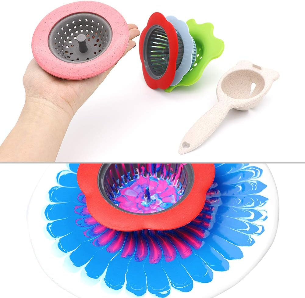 Acrylic Pouring Strainers,  5 PCS Flow Painting Tools Christmas DIY Kits Drawing Sets Flower Strainers Plastic Silicone Drain Basket Unique Pattern Train Art Supplies