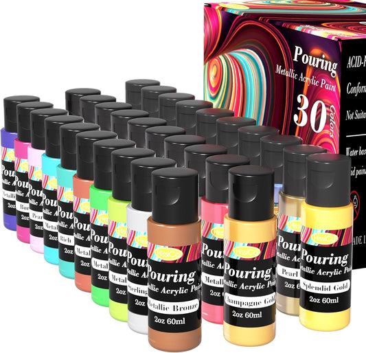 Metallic Acrylic Pouring Paint, Set of 30 Metallic Colors Fluid Acrylic Paint, Pre-Mixed High Flow & Ready to Pour(30X 2 Oz./ 60 Ml), Pouring Painting Supplies for Easter Decorations, Canvas & Paper, Rocks, Wood, and More