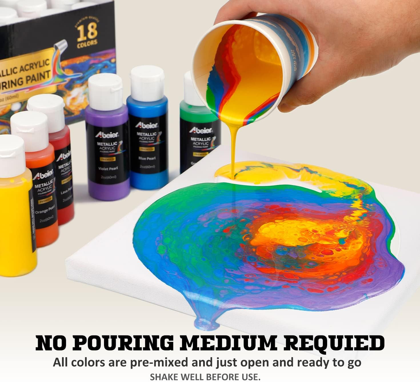 Metallic Acrylic Pouring Paint Set - Set of 18 Metallic Colors - Pre-Mixed High Flow & Ready to Pour - 2 Oz./ 59 Ml Bottles - Multi-Purpose Paints for Canvas & Paper, Rocks, Wood and More