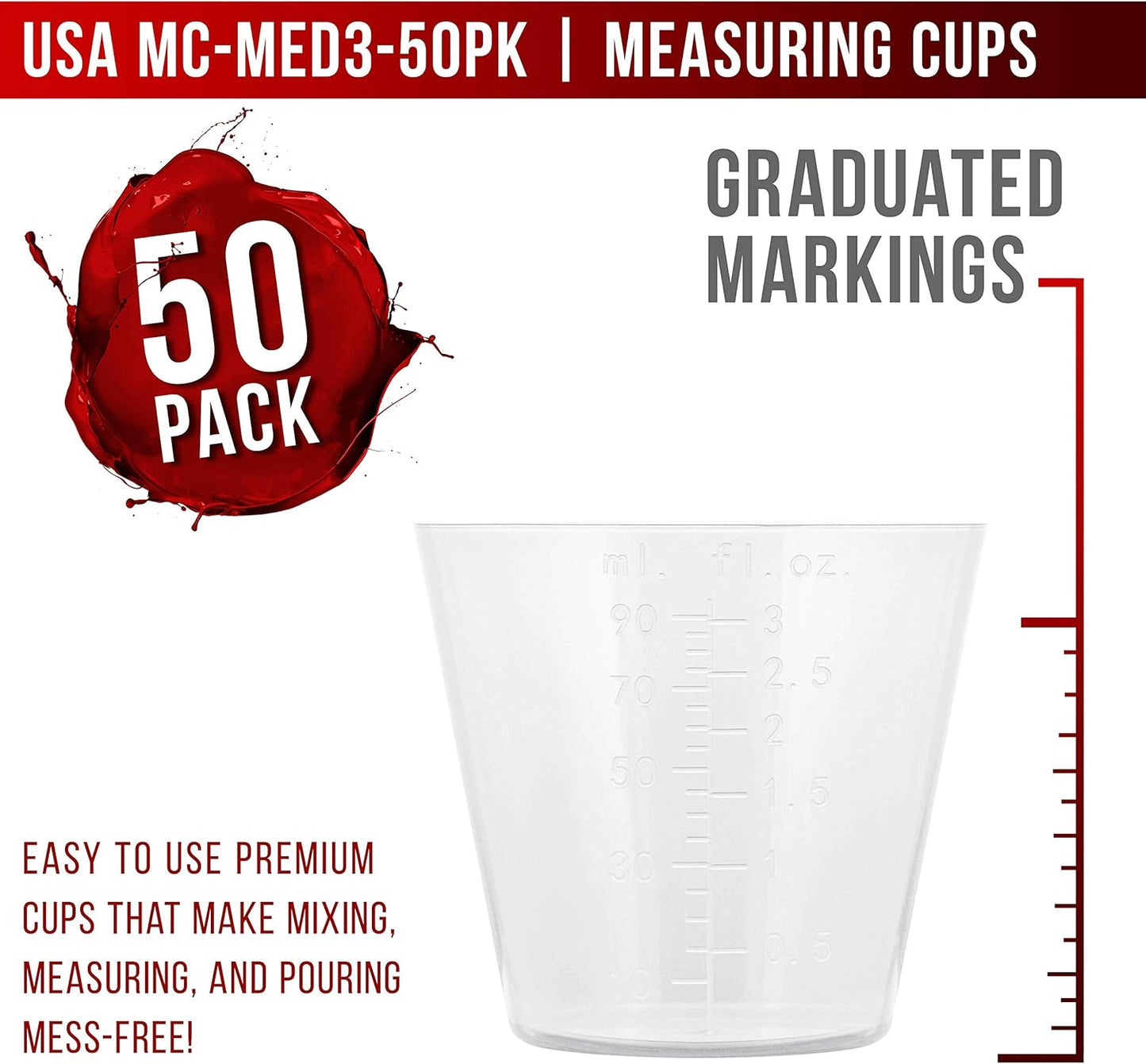 3 Oz (90 Ml) Liquid Measuring Cups - Plastic Graduated Cup (50 Pack) with 25 Sticks - Reusable Mixing Cups for Paint, Craft, Kitchen, Lab, Medical Supplies, Epoxy Resin, Art