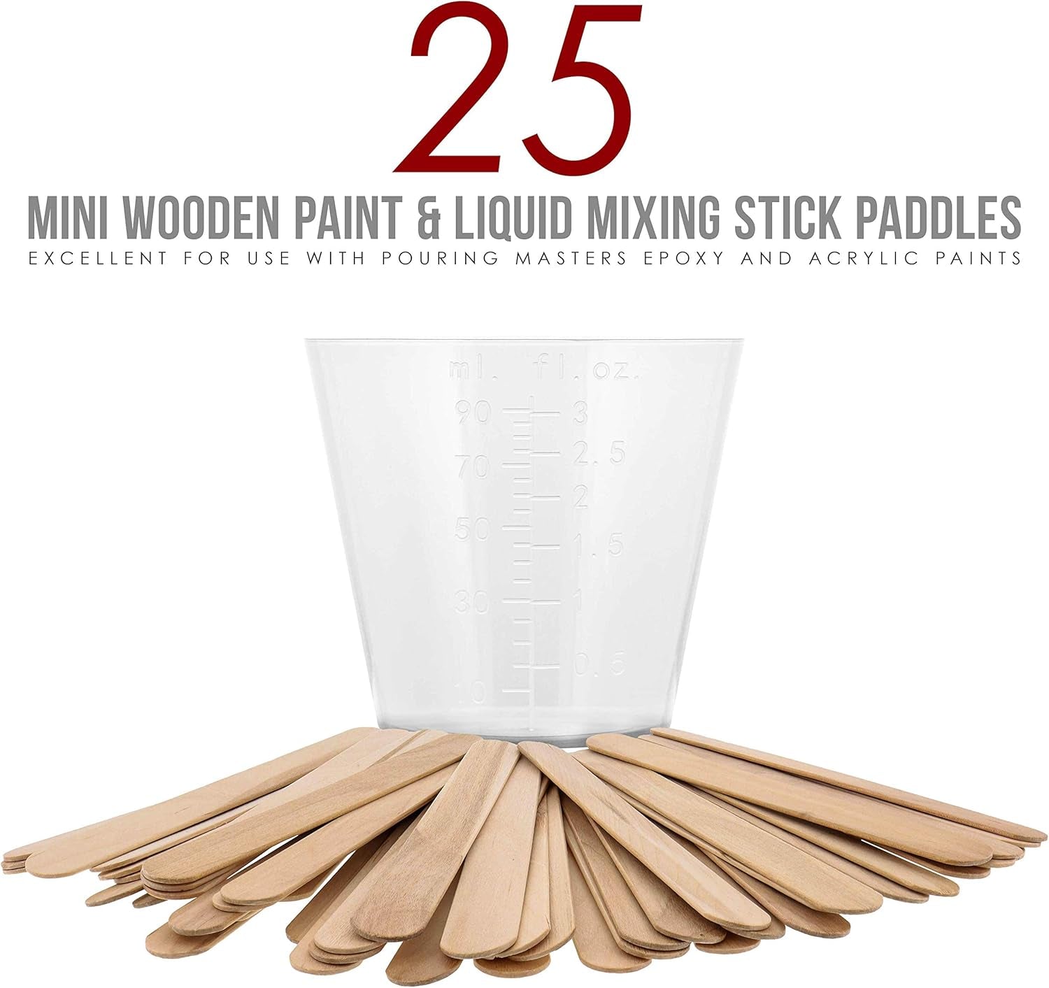 3 Oz (90 Ml) Liquid Measuring Cups - Plastic Graduated Cup (50 Pack) with 25 Sticks - Reusable Mixing Cups for Paint, Craft, Kitchen, Lab, Medical Supplies, Epoxy Resin, Art